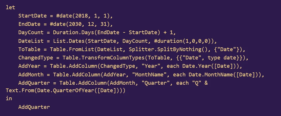 Date Table in Power Query Code